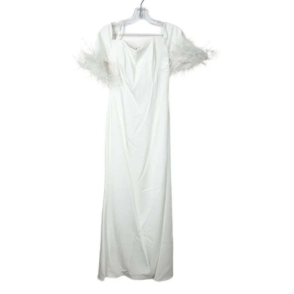 NWT Mac Duggal Feather Trim Off The Shoulder Column Gown White 6